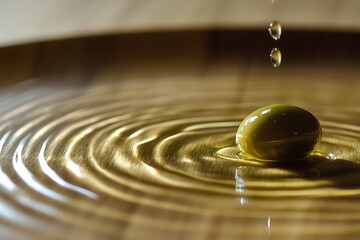 A single olive making ripples in golden olive oil.