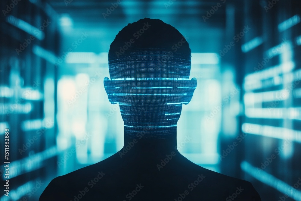 Aufkleber digital portrait of a silhouette with glowing data representation in a futuristic environment