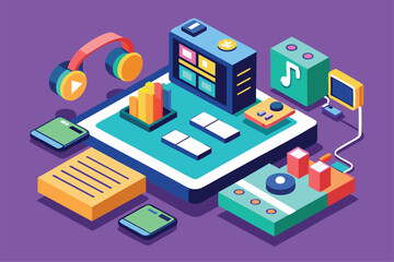 A vibrant digital interface showcases customizable playlist options with music elements around it, Playlist Customizable Isometric Illustration