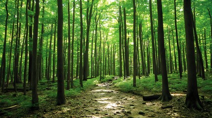 Fototapeta premium A Lush Green Forest Scene With A Winding Stone Pathway