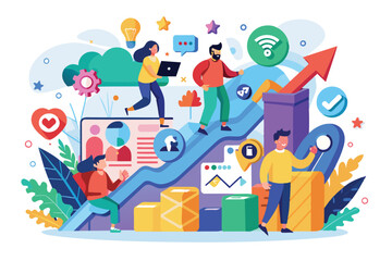 A creative group collaborating on social media in a lively environment, Play social media trending