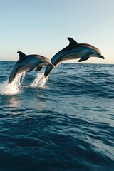 Fototapeta premium Dolphins gracefully leaping above ocean waves during sunset, sho