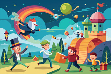 Naklejka premium A group of children are happily exploring a colorful fantasy world filled with whimsical characters and fun activities, Pleasant surprise