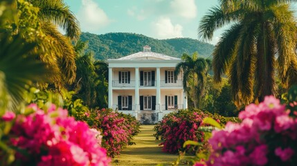 Fototapeta premium Scenic view of a Caribbean plantation house surrounded by lush green palm trees and vibrant tropical flowers, historic and cultural