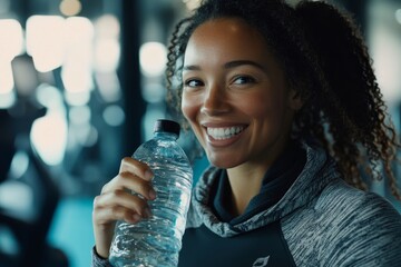 Smiling Woman Drinking Water After Workout Fitness Health Hydration Exercise Gym Body Care Sport    
