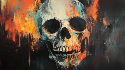 Obraz premium Abstract skull painting with vibrant orange, teal, and black paint splatters.