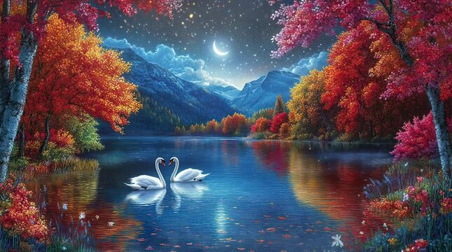 Romantic Swans on a Tranquil Lake Under a Starry Night Sky. Seamless looping video animation background