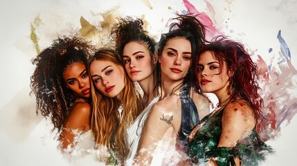Five women, each with distinct appearances and joyful expressions