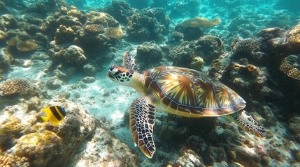 Scenic view of a coral reef with tropical fish and a sea turtle swimming in clear turquoise water, vibrant underwater scene, natural daylight