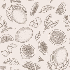 Seamless pattern with lemon, slices, pieces, half, flower and leaves. Linear design. Hand drawn organic fruit concept. Natural line art background for print, wrapping paper, fabric, banner, textile