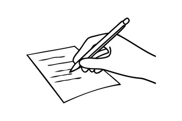 A hand grips a pen, diligently writing on a blank sheet of paper line art flat vector illustration