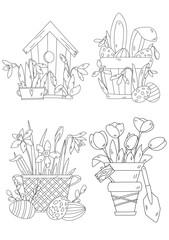 Spring And Easter Stress-Relief Coloring Page With Illustrations Of Flowers, Easter Eggs, And A Birdhouse
