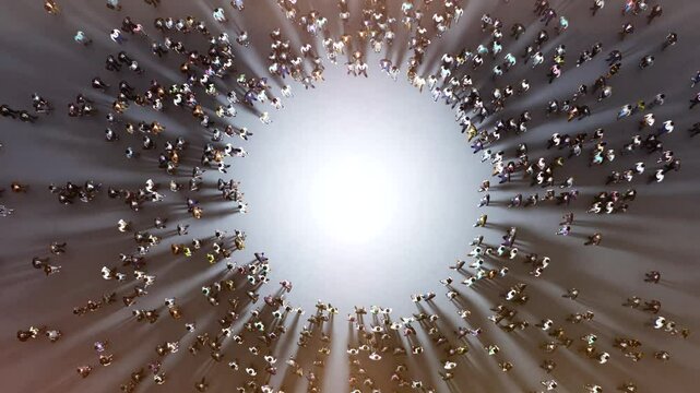 People gathering around a bright white light, creating a sense of community and growth