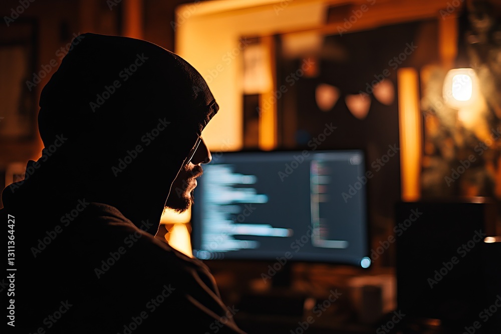 Poster mysterious individual in hoodie working late on computer screen