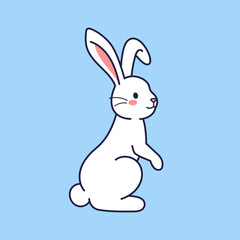 Fototapeta premium Easter character standing, sitting bunny, rabbit, hare. Vector flat design, outline illustration. Easter character mascot, sticker. Greeting card, Happy Easter concept. Hare icon