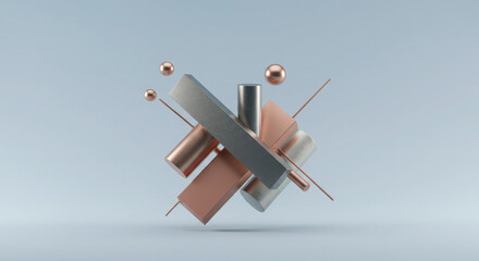 An abstract sculpture featuring geometric shapes and metallic elements in a minimalist composition