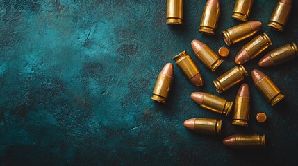 Scattered bullets on textured teal background