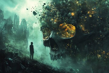 Dark Fantasy Landscape Featuring a Giant Skull and a Silhouette