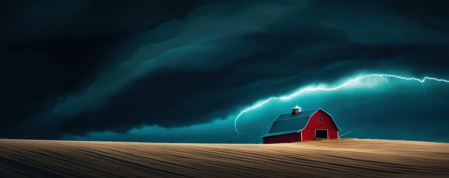 Lightning rod on a barn roof, with a stormy sky and field, grounding a summer tempest scene