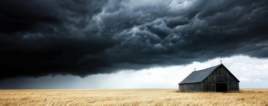 Lightning rod on a barn roof, with a stormy sky and field, grounding a summer tempest scene