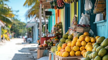 Traditional Caribbean market with fresh tropical fruits and handmade crafts, vibrant colors, natural daylight, cultural and lively scene