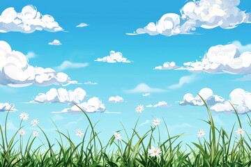 Fototapeta premium Meadow with tall grass swaying, under a warm sun with scattered clouds, blooming in a summer rural scene