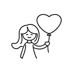 Girl holding a heart shaped balloon line art flat vector illustration