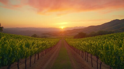 Naklejka premium Scenic sunset view of a vineyard with warm orange and pink skies, rows of green vines, serene and picturesque rural landscape