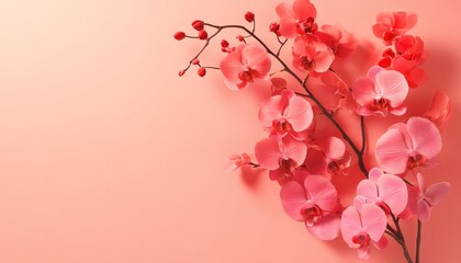 Fototapeta premium Beautiful Coral Pink Orchid Flowers on Branch on Pale Pink Background with Copy Space