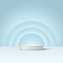 Sky blue and white cylinder pedestal podium with gold strip on it.  multiple arch window background. Abstract vector rendering 3d shape. Pastel minimal scene for product display, Stage showcase