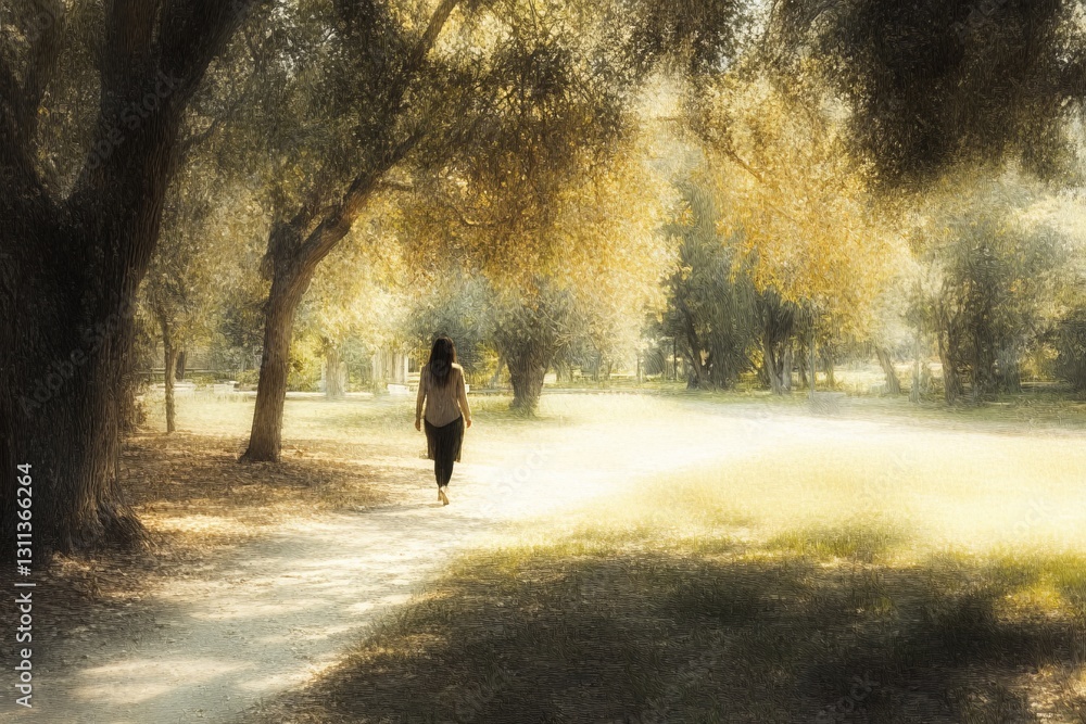Poster serene pathway through trees with figure walking alone in nature