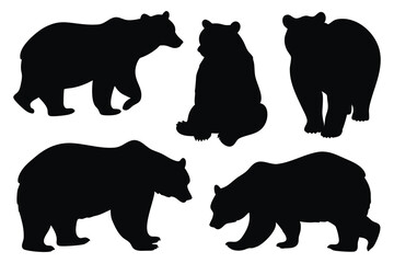 Fototapeta premium Various poses of bear, standing, walking, sitting, wildlife silhouettes set isolated flat vector illustration on white background.