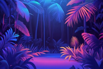 Vibrant neon tropical jungle at night with palm trees and lush vegetation