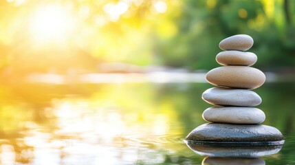 Obraz premium Riverbend with smooth stones, reflecting sunlight and trees, flowing in a summer outdoor landscape moment