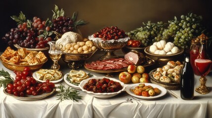 Abundant still life of food and wine on a table.