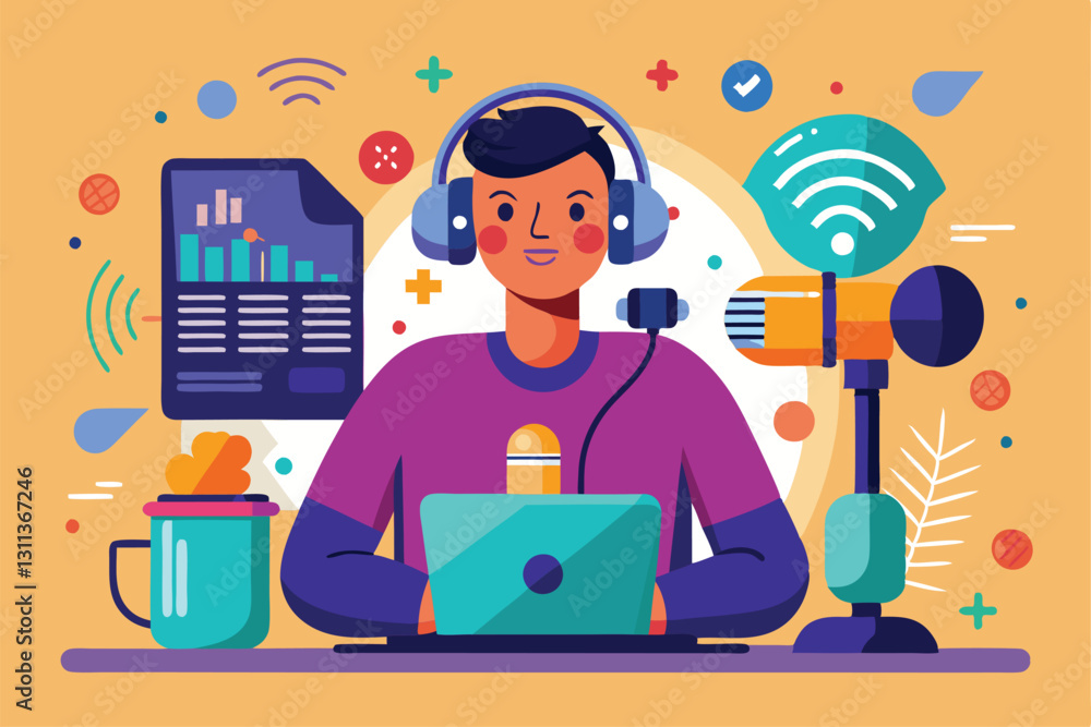 Aufkleber a podcaster with headphones engages in recording while using a laptop and microphone setup for their