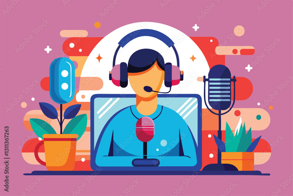 Aufkleber a podcast host interacts with listeners using a microphone and headphones in a colorful home setup, 