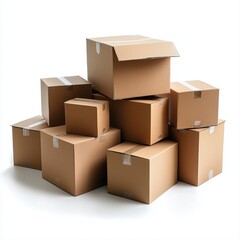 Realistic pile of cardboard boxes isolated on a white background for packing, moving, and storage applications and scenarios