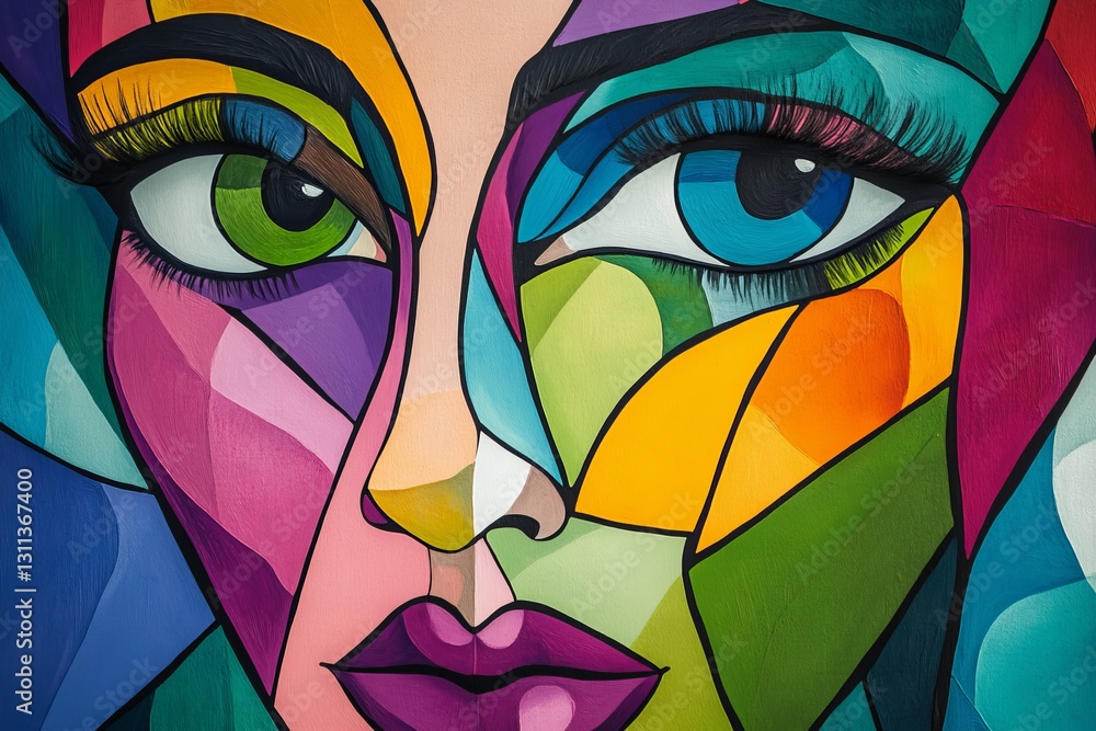 Poster vibrant abstract portrait with colorful geometric shapes and patterns