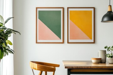 Minimalist dining room with geometric art prints.