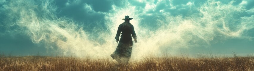 Mysterious figure walking in open landscape.
