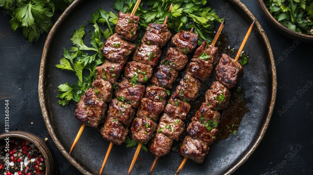Poster top view, grilled beef shish kebab skewers with fresh herbs on a rustic background with copy space