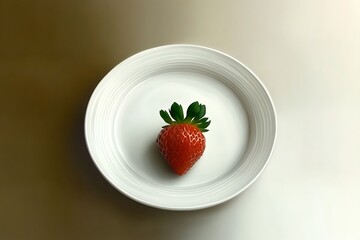 A single fresh, ripe strawberry sits on a clean, white plate against a gradient backdrop.