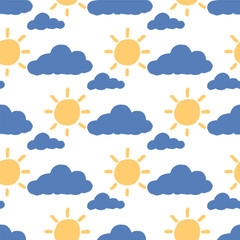 Crayon drawn blue clouds and yellow cute sun in kid's style Seamless Pattern. Pencil drawings childish Hand drawn various cloud shapes. Naive style childish vector Background.