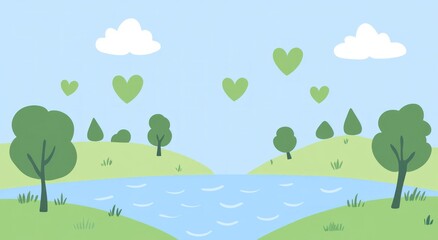 Peaceful landscape, lake, trees, floating hearts