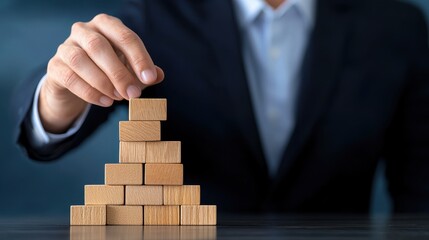 Individual methodically stacking wooden blocks as a representation of strategic business crisis communication efforts