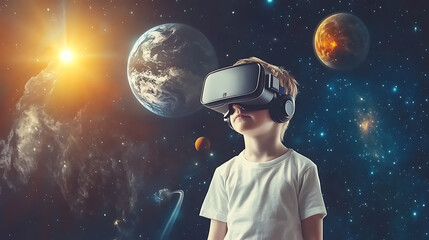 Fototapeta premium Boy in virtual reality helmet against the background of the planet. 