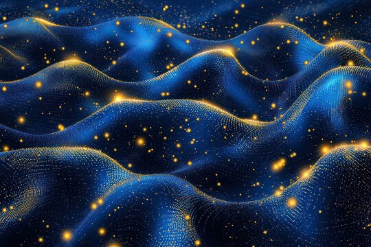 Textured highlights and glowing golden particles enrich a deep blue background.