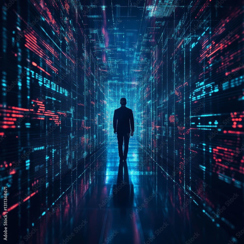 Poster man walking in futuristic data tunnel with neon lights and code