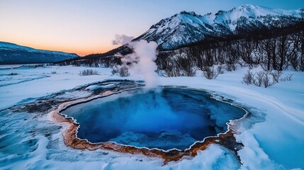Majestic Geyser Pool Surrounded by Snowy Mountains at Sunrise